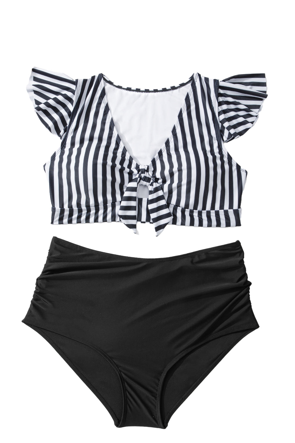 KaleaBoutique Stylish Plus Size Knot Cutout Ruffle Sleeve and High Waisted 2pcs Swimsuit - KaleaBoutique.com