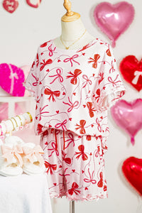 KaleaBoutique Stylish Romantic Bow Print Loose Tee Drawstring Shorts 2pcs Lounge Set - KaleaBoutique.com