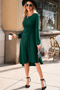 Solid Color Ruched Detail Long Sleeve Midi Dress - KaleaBoutique.com