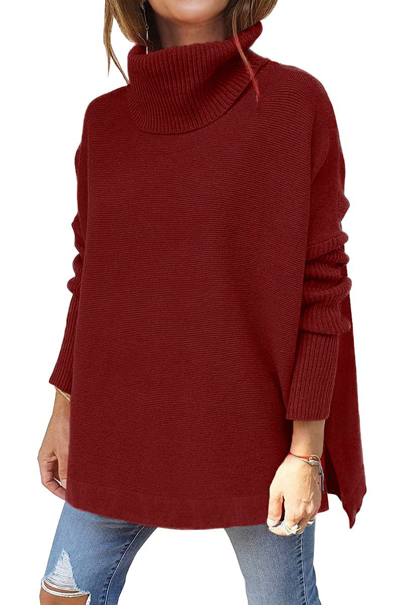 Turtleneck Sweater Mid Length Batwing Sleeve Slit Hem Tunic Pullover Sweaters Winter Tops Women Clothing - KaleaBoutique.com