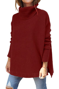 Turtleneck Sweater Mid Length Batwing Sleeve Slit Hem Tunic Pullover Sweaters Winter Tops Women Clothing - KaleaBoutique.com
