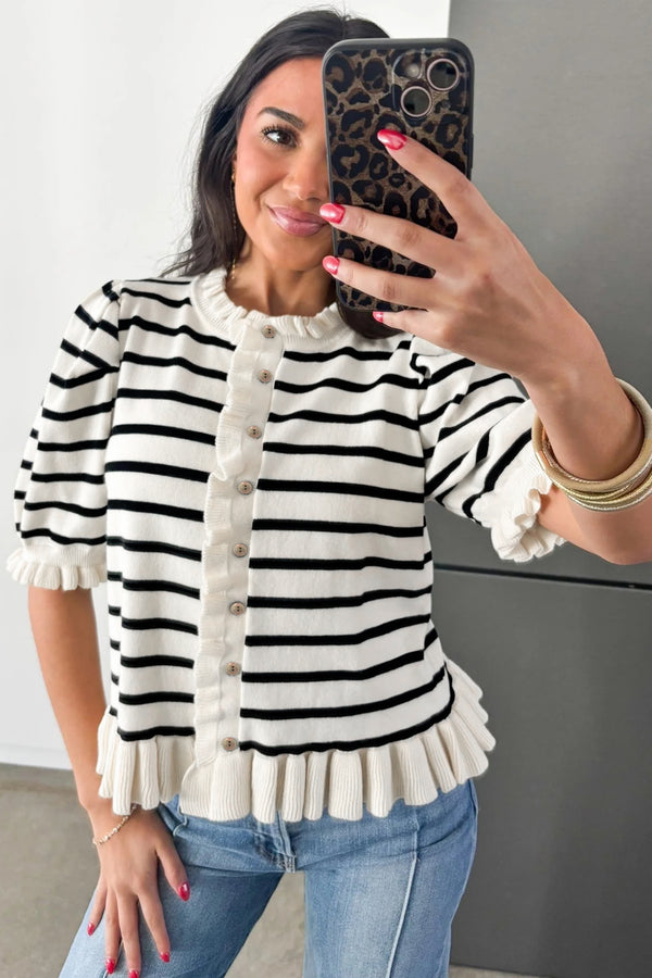 KaleaBoutique Comfortable Ruffle Trim Button Down Knit Short Sleeve Sweater Cardigan - KaleaBoutique.com