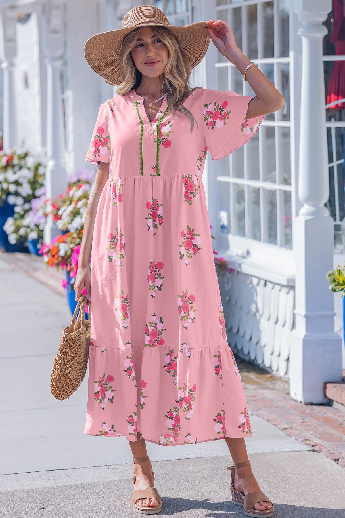 KaleaBoutique Comfortable Notched Neck Flutter Short Sleeve Floral Print Maxi Dress - KaleaBoutique.com