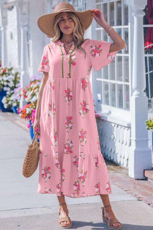 KaleaBoutique Comfortable Notched Neck Flutter Short Sleeve Floral Print Maxi Dress - KaleaBoutique.com
