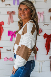KaleaBoutique Stylish Checkered Pattern Ribbed Detail Button V Neck Sweater Cardigan - KaleaBoutique.com