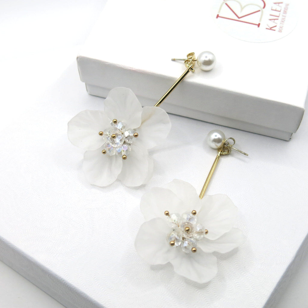 White Flower Bridal Ear Jacket Studs, Floral Wedding Earrings, Gold 2-in-1 Dangle Ear Jacket Earrings, Pink or White - KaleaBoutique.com