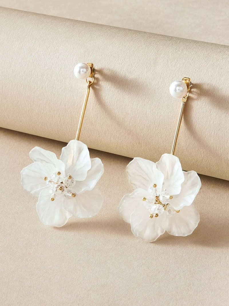 White Flower Bridal Ear Jacket Studs, Floral Wedding Earrings, Gold 2-in-1 Dangle Ear Jacket Earrings, Pink or White - KaleaBoutique.com