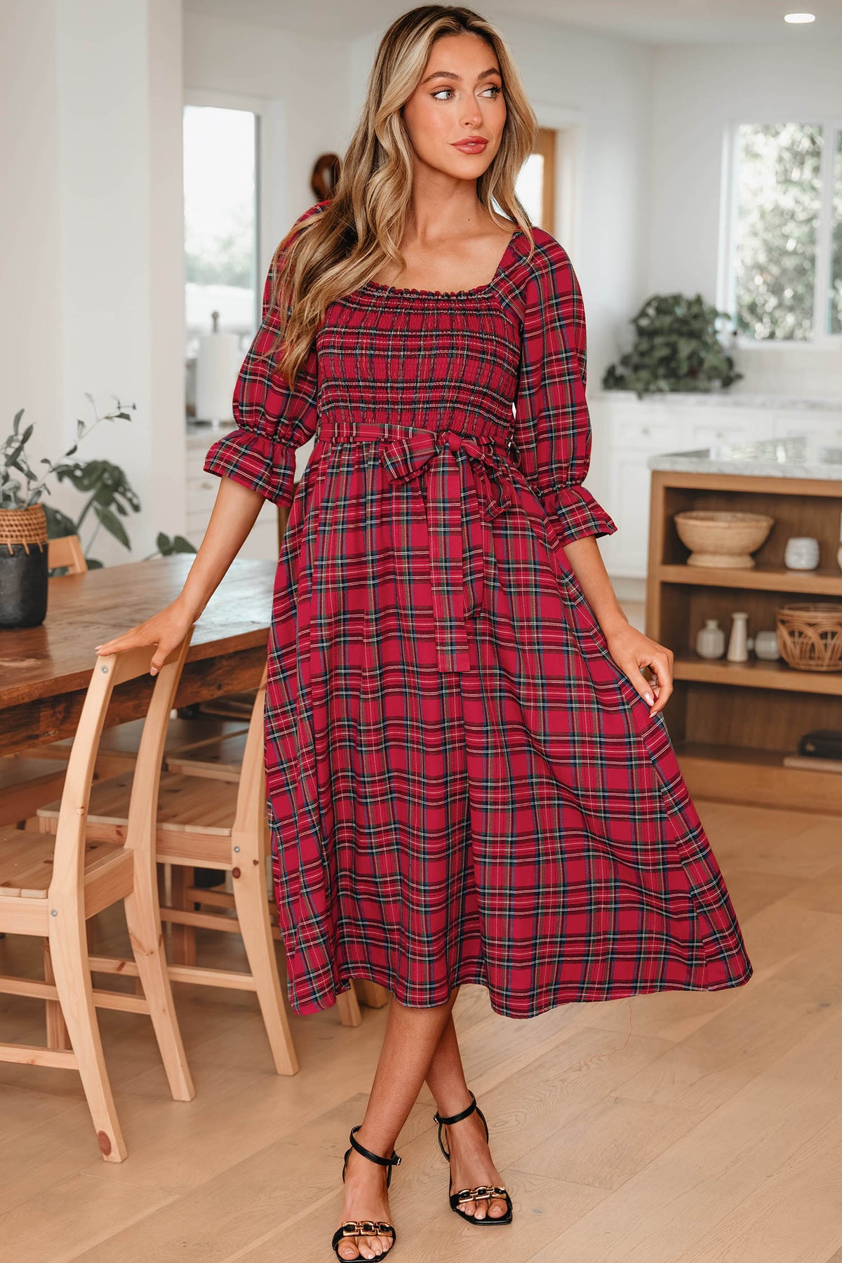KaleaBoutique Stylish Plaid Square Neck Puff Sleeve Knot Waist Flared Midi Dress - KaleaBoutique.com