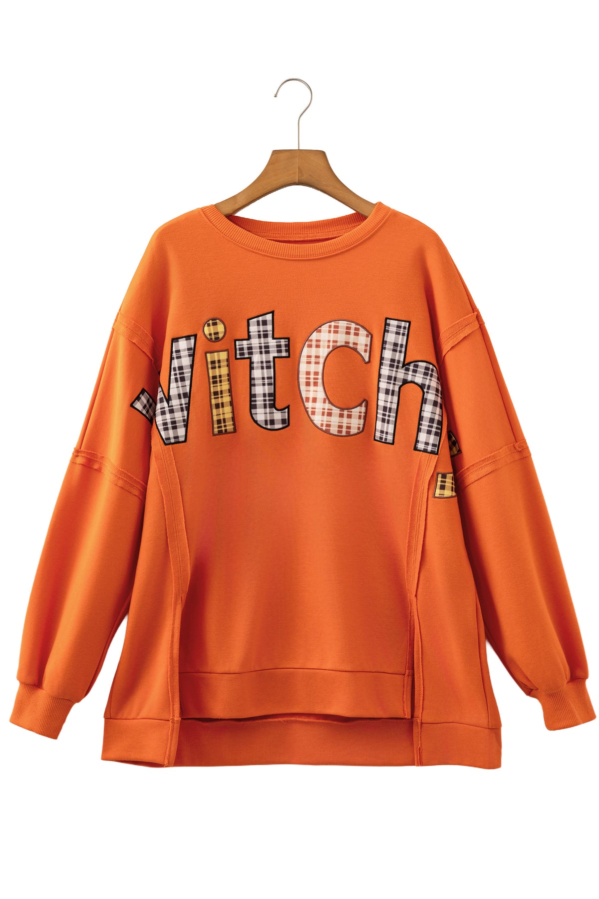 KaleaBoutique Comfortable Halloween Witchy Plaid Slogan Embroidered Patch Tunic Sweatshirt - KaleaBoutique.com