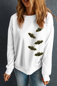 White Sequin Bat Halloween Pullover Sweatshirt - KaleaBoutique.com