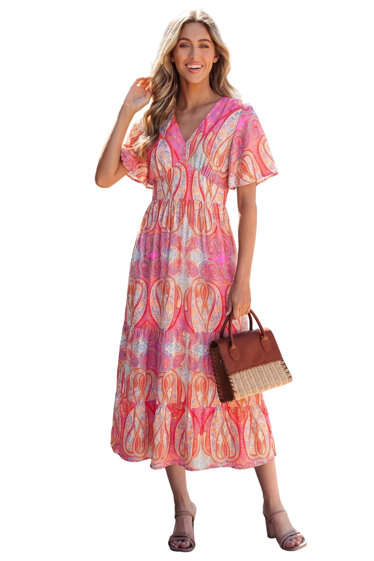 KaleaBoutique Comfortable Paisley Print V-Neck Short Sleeve Boho Maxi Dress with Ruffle Details