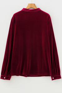 KaleaBoutique Stylish Asymmetric Button Keyhole Neck Long Sleeve Velvet Blouse - KaleaBoutique.com