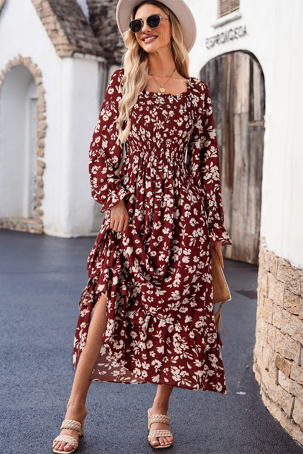 KaleaBoutique Comfortable Floral Print Long Sleeve Square Neck Smocked Maxi Dress - KaleaBoutique.com