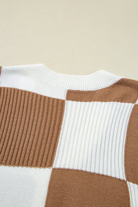 KaleaBoutique Stylish Checkered Pattern Ribbed Detail Button V Neck Sweater Cardigan - KaleaBoutique.com