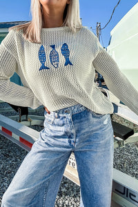 Open Knit Fish Embroidered Casual Sweater - KaleaBoutique.com