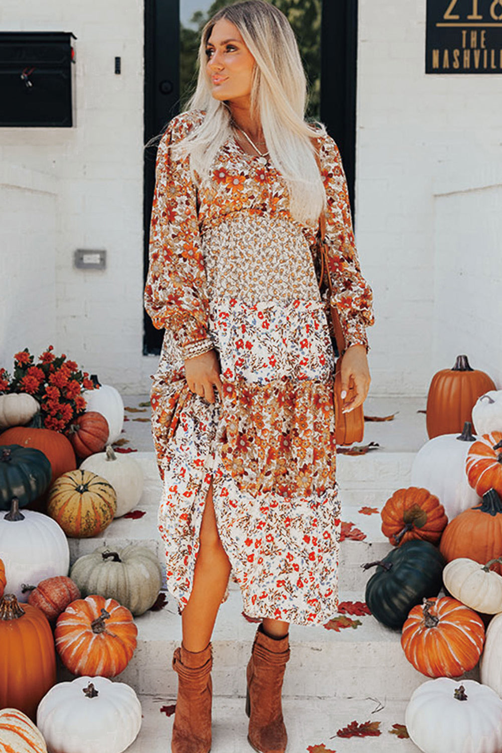KaleaBoutique Stylish Floral Print Ruffled Tiered Long Sleeve V Neck Midi Dress - KaleaBoutique.com