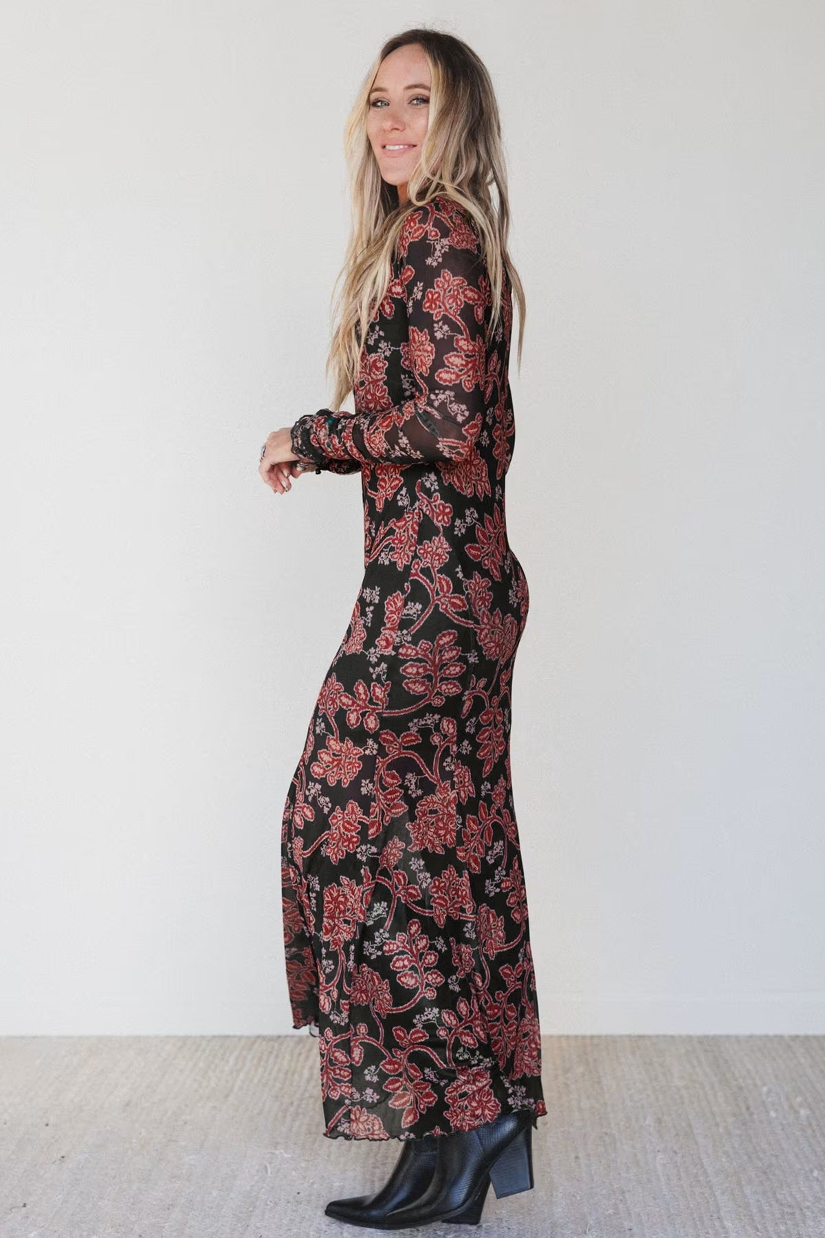 KaleaBoutique Stylish Retro Floral Print Long Sleeve Casual Mesh Dress - KaleaBoutique.com