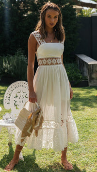 Women's White Square-Neck Floral Lace-Panel Midi Dress - KaleaBoutique.com