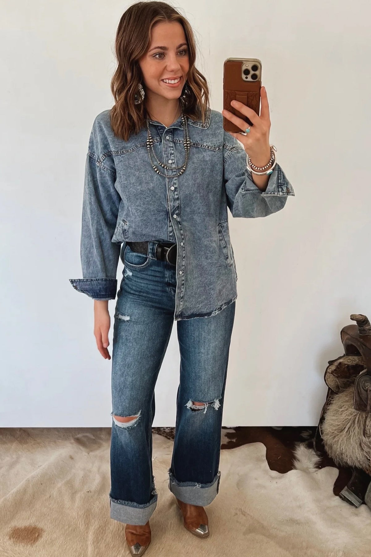 Western Long Sleeve Shirt Collar Tunic Denim Jacket - KaleaBoutique.com