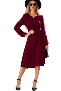 Solid Color Ruched Detail Long Sleeve Midi Dress - KaleaBoutique.com