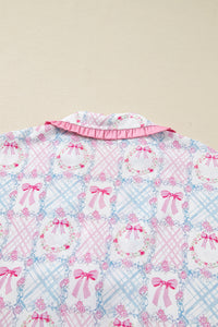KaleaBoutique Stylish Bow Wreath Pattern Christmas Holiday Tied Front Long Sleeve 2pcs Pajama Set - KaleaBoutique.com