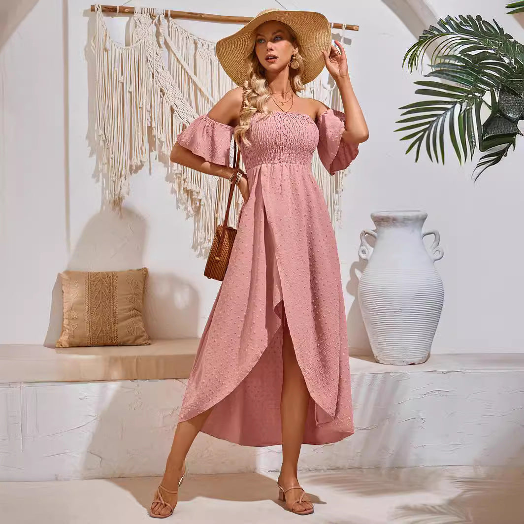 Women's Off-Shoulder Smocked Flutter-Sleeve High-Low Wrap Dress - KaleaBoutique.com