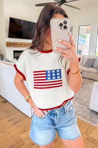 KaleaBoutique Comfortable Flag Print Cropped Short Sleeve Sweater - KaleaBoutique.com