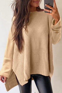 Cable Knit Drop Shoulder Side Slits Loose Sweater - KaleaBoutique.com