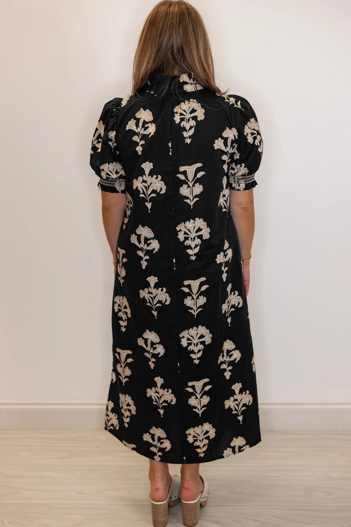 KaleaBoutique Comfortable Floral Print Frilled Collar Short Puff Sleeve Maxi Dress - KaleaBoutique.com