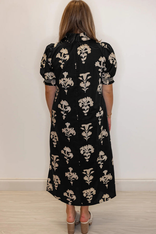 KaleaBoutique Comfortable Floral Print Frilled Collar Short Puff Sleeve Maxi Dress - KaleaBoutique.com