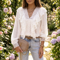 Women's Lace V-neck Patchwork Ruffled Shirt - KaleaBoutique.com
