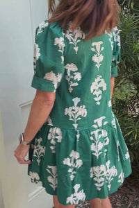 KaleaBoutique Comfortable Frilled V Neck Puff Short Sleeve Floral Mini Dress - KaleaBoutique.com