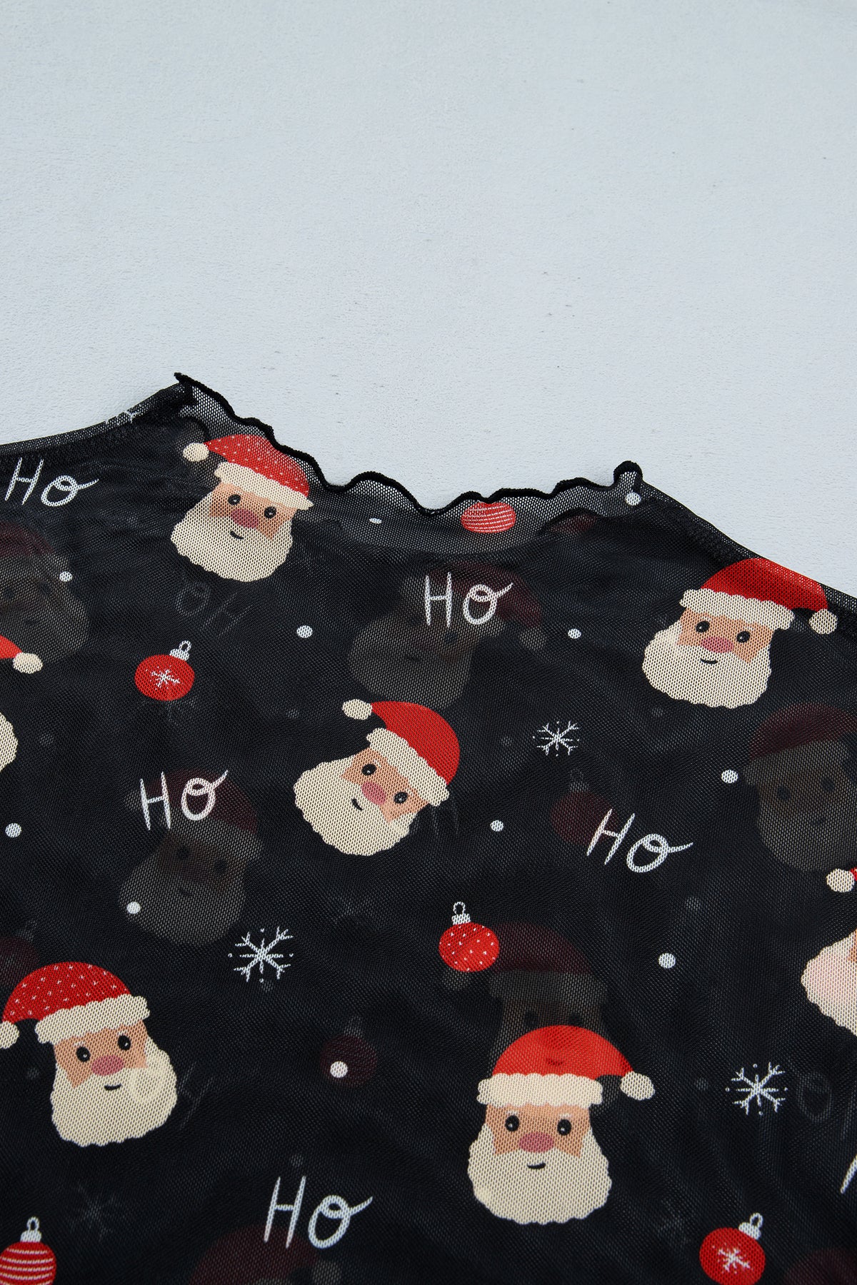 KaleaBoutique Stylish Santa Print Sheer Stand Neck Long Sleeve Top - KaleaBoutique.com