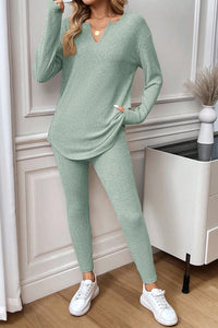 KaleaBoutique Comfortable Ribbed Notched Neck Knit Long Sleeve Leggings Two Pieces Lounge Set - KaleaBoutique.com