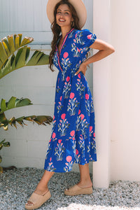 Floral Puff Short Sleeve V Neck High Waist Maxi Dress - KaleaBoutique.com
