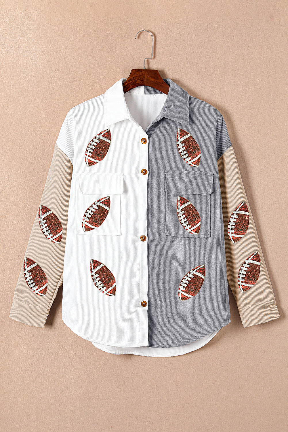 Stylish Sequin Rugby Graphic Flap Pockets Corduroy Shacket - KaleaBoutique.com