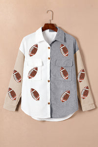 Stylish Sequin Rugby Graphic Flap Pockets Corduroy Shacket - KaleaBoutique.com