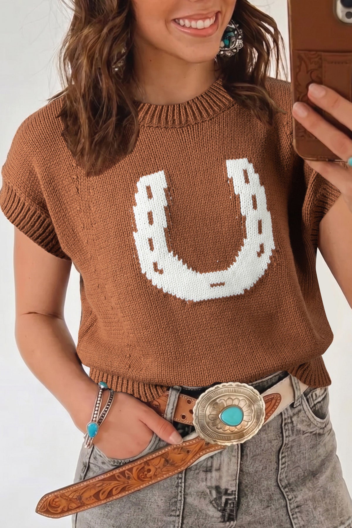 KaleaBoutique Comfortable Western Horseshoe Pattern Short Sleeve Knit Sweater - KaleaBoutique.com