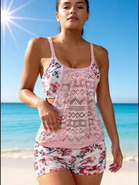 Women's Floral Lace-Panel Swim Top and Shorts 2 PC Tankini Set - KaleaBoutique.com