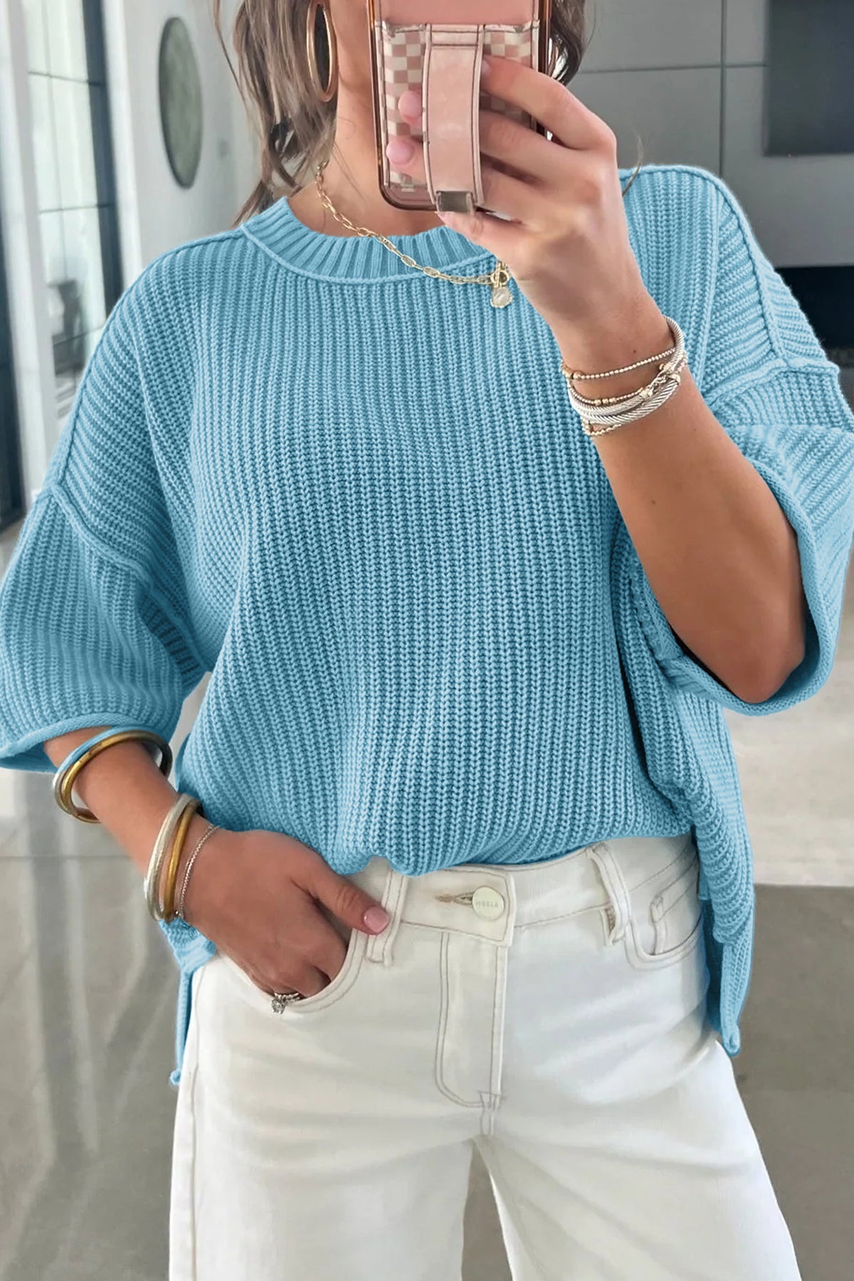 KaleaBoutique Comfortable Exposed Seam Detail Half Sleeve Loose Sweater - KaleaBoutique.com
