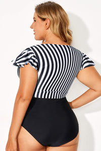 KaleaBoutique Stylish Plus Size Knot Cutout Ruffle Sleeve and High Waisted 2pcs Swimsuit - KaleaBoutique.com