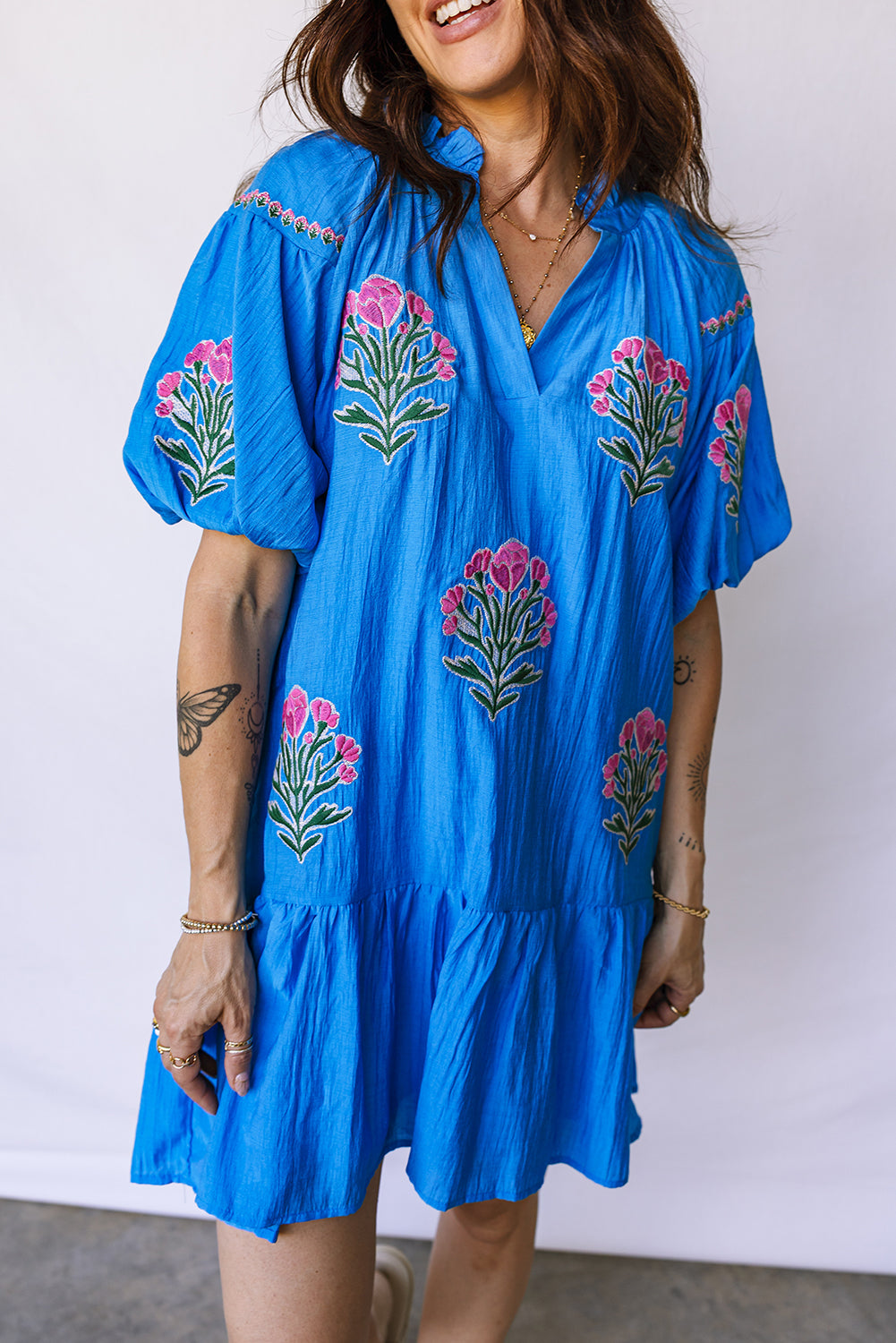 KaleaBoutique Stylish Flower Embroidered Split Neck Short Puff Sleeve Ruffle Hem Dress - KaleaBoutique.com