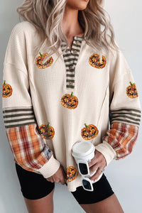 Beige Sequin Pumpkin Henley Waffle Top - KaleaBoutique.com