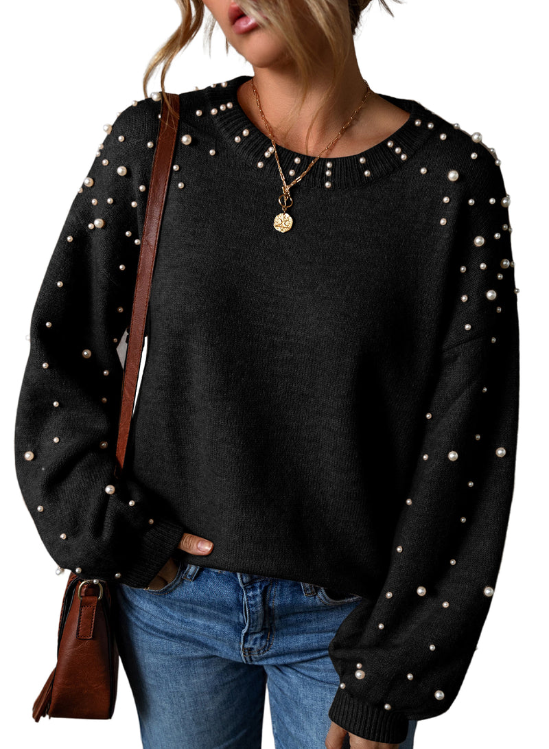 KaleaBoutique Pearled Drop Shoulder Round Neck Sweater - KaleaBoutique.com