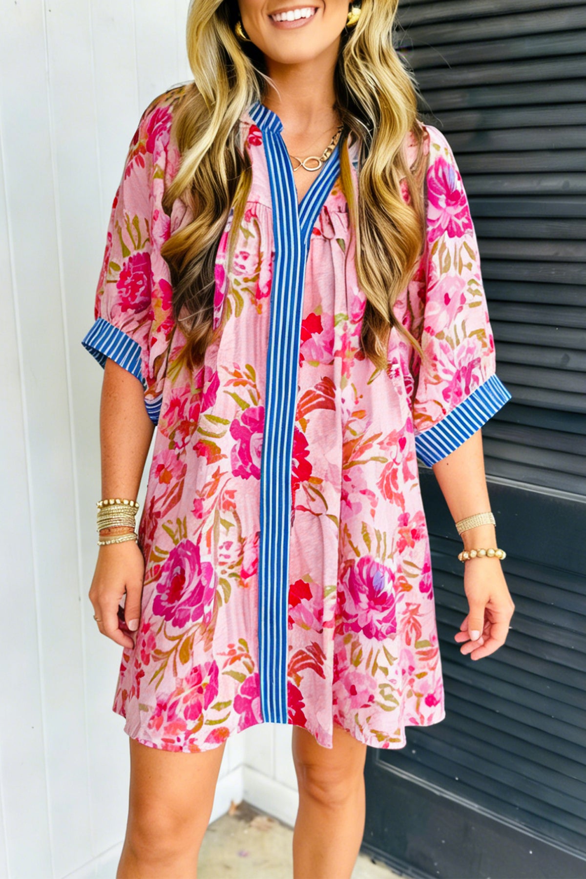 KaleaBoutique Stylish Floral Striped Patchwork Trim Half Sleeve Mini Dress - KaleaBoutique.com