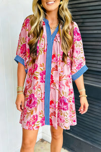 KaleaBoutique Stylish Floral Striped Patchwork Trim Half Sleeve Mini Dress - KaleaBoutique.com
