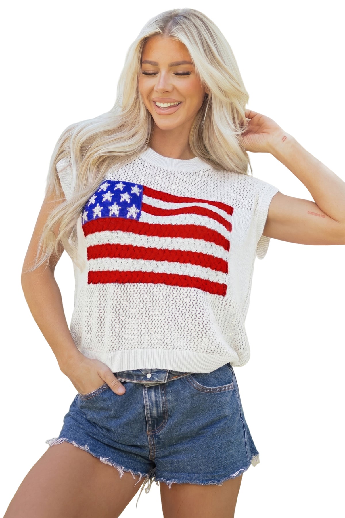 KaleaBoutique Stylish Flag Graphic Short Sleeve Sweater Top - KaleaBoutique.com