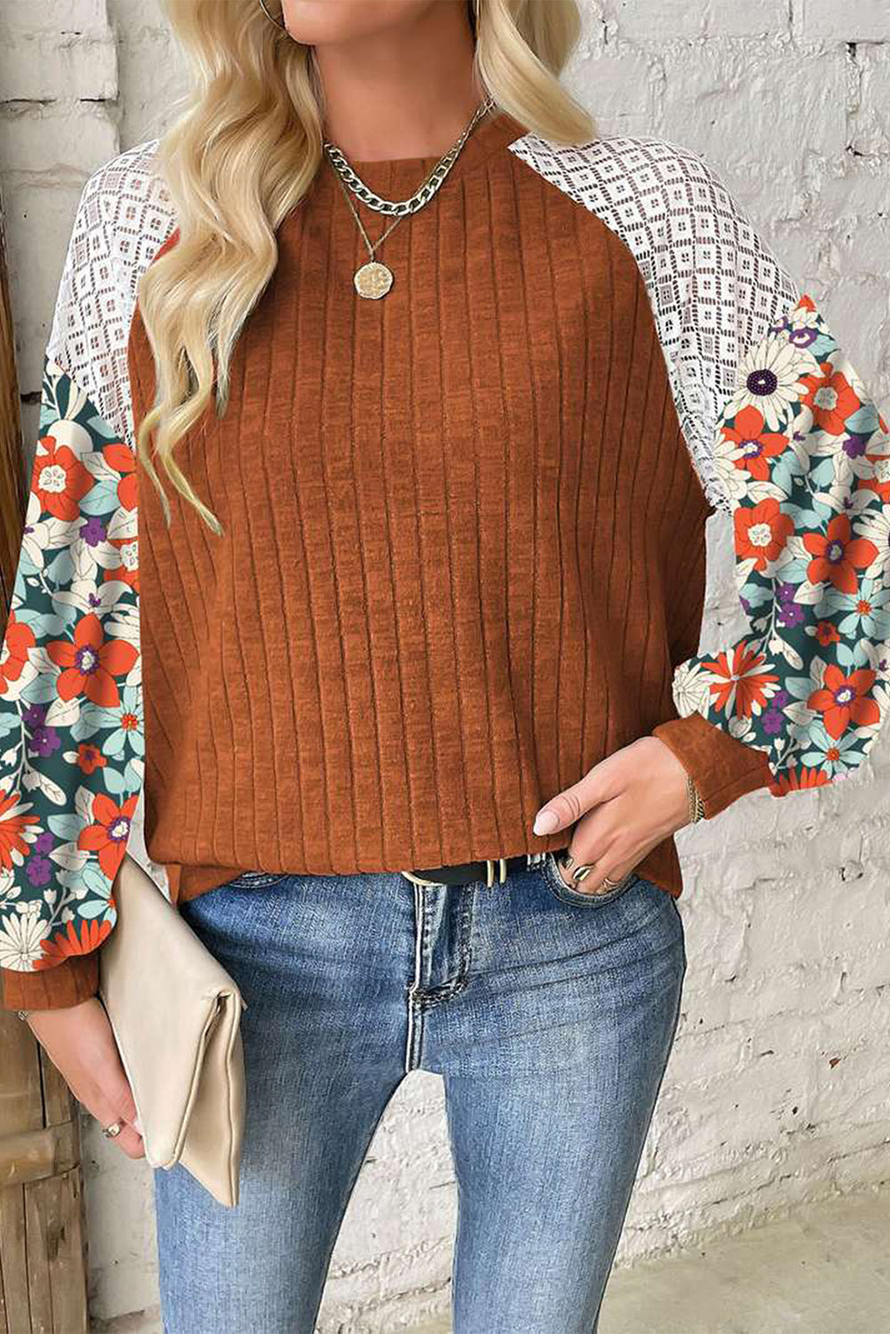 KaleaBoutique Stylish Floral Patchwork Long Sleeve Ribbed Blouse - KaleaBoutique.com