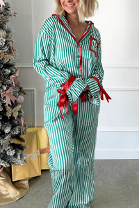 KaleaBoutique Comfortable Contrast Velvet Trim Bow Knot Waist 2pcs Pajama Set - KaleaBoutique.com