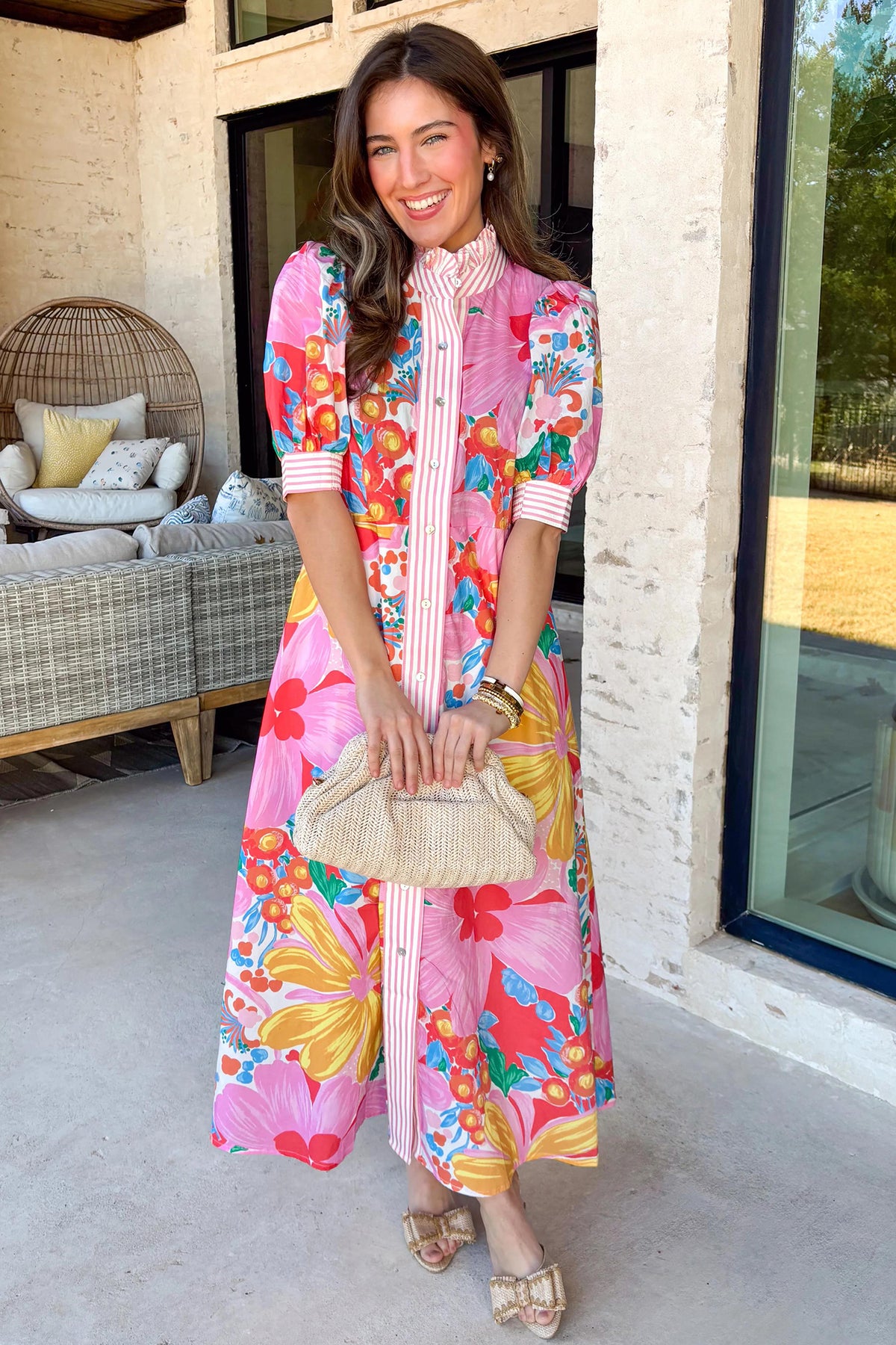KaleaBoutique Stylish Floral Print Striped Trim Button Down Short Sleeve Vacation Dress - KaleaBoutique.com